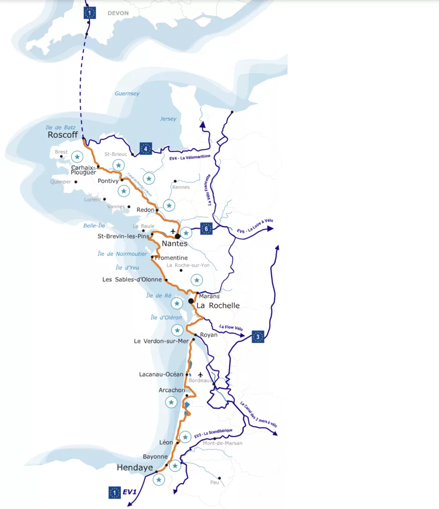 Tracée de la Vélodyssée, partie française de Atlantic Coast Road